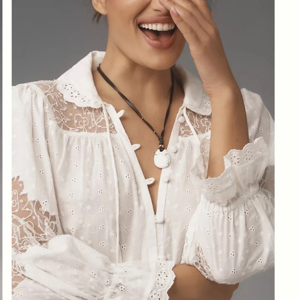 Anthropologie White Eyelet Lace Button-Front Blouse